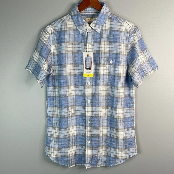 WEATHERPROOF NWT Mens Linen Blue Plaid Short Sleeve Button Down Shirt Preppy S - Picture 14 of 14